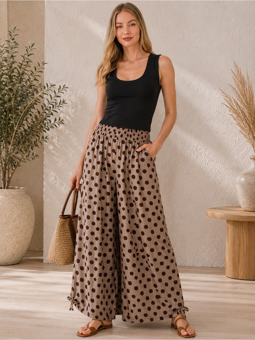 Polka Dot Wide Leg Lounge Pants - Beige & Brown - Picture 3 of 4